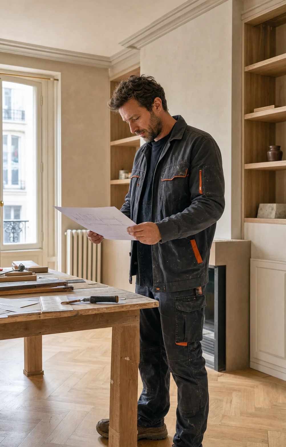 Artisan fictif étudiant un plan dans un appartement rénové à Dijon